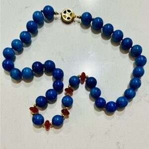 Vintage 1970s–80s Blue Stone & Carnelian Bead Necklace –Gold-Filled Spiral Clasp